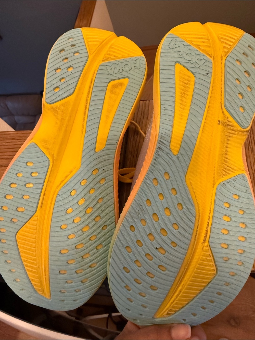 Hoka White Running Shoes with Yellow Laces & Pastel Gradient Midsole - Picture 5 of 7